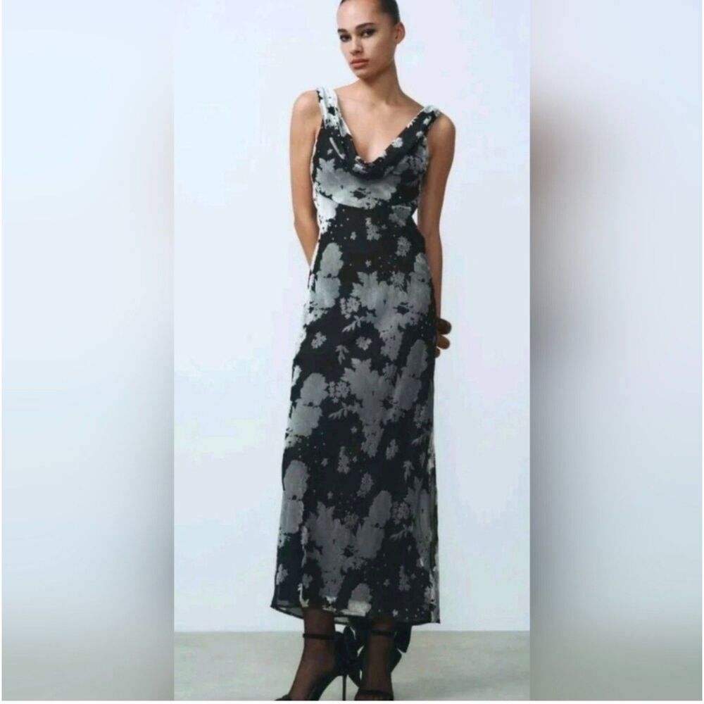 Zara Black and Grey Silver Floral Velvet Long Dress Size S